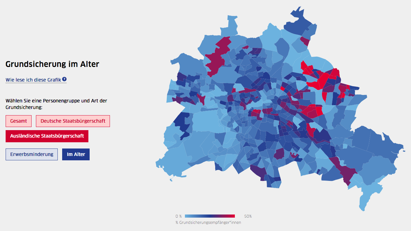 A map of showing the geographic distribution of recipients of the various kinds of basic income support in Berlin